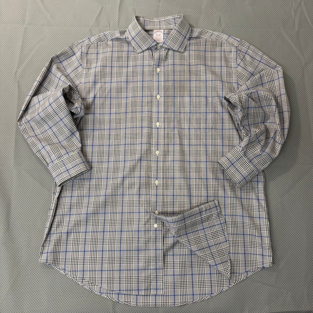 Brooks Brothers Men 16.5 32 Gray Plaid Windowpane Stretch Non-Iron Supima Cotton